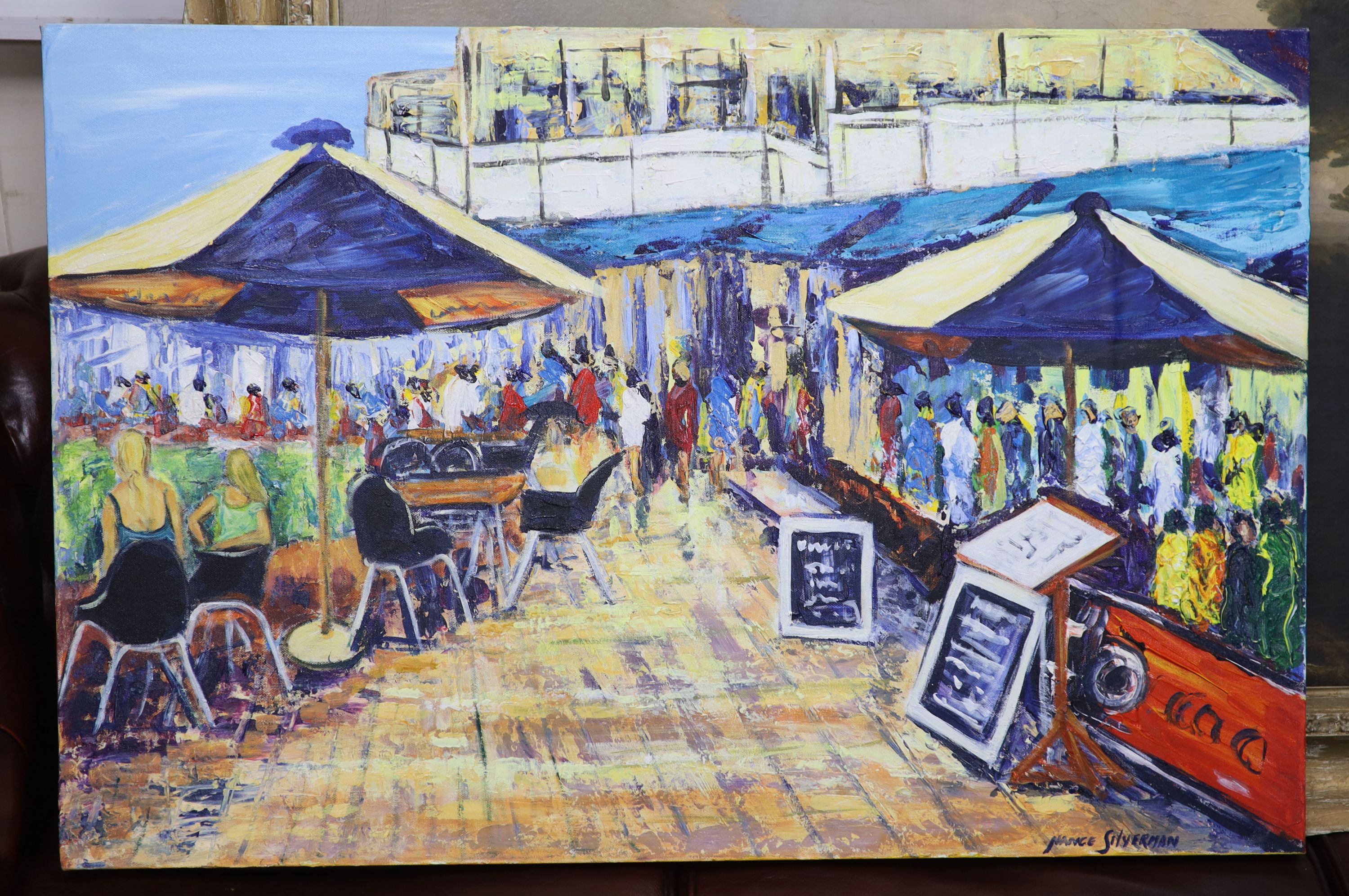 Nance Silverman, oil on canvas, Coffee Break, signed, 61 x 91cm, unframed